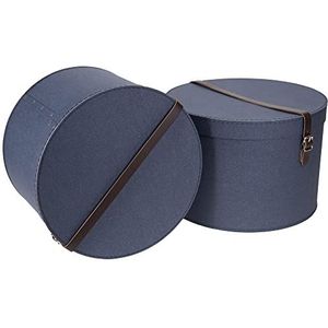 BIGSO BOX OF SWEDEN RUT Set van 2 opbergdozen met deksel, ronde opbergbox met leren riem, grote en kleine hoedendoos van vezelplaat en papier in linnenlook - blauw