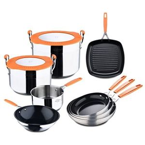 SAN IGNACIO Compact, 10-delige pannenset, roestvrij staal en gesmeed aluminium, bevat pannen, wok, grillpan, potten en steelpotten, voor alle warmtebronnen