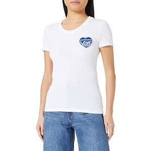 Love Moschino Tight-fit T-shirt met korte mouwen en geborduurd Love Storm Knit Effect Heart Patch T-shirt voor dames, Wit Blauw, 38