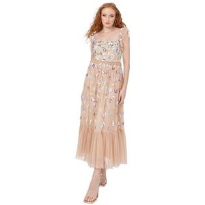 Maya Deluxe Dames Midaxi Jurk Dames Ruffel Korte Mouwen Vierkante Hals Sequin Versierd Geplooide Rug Frills A-lijn Bruiloft Guest Nude 38, nude, 38