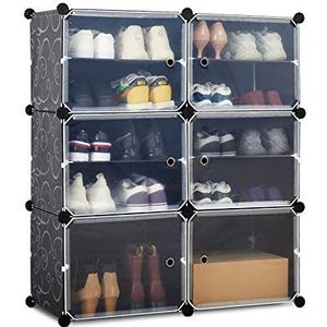 Meerveil Schoenenrek, schoenopbergkast, ideeën voor schoenenopslag, kunststof opvouwbare schoenenopbergunit met 6 niveaus, modulaire schoenenorganizer voor ruimtebesparing (zwart)