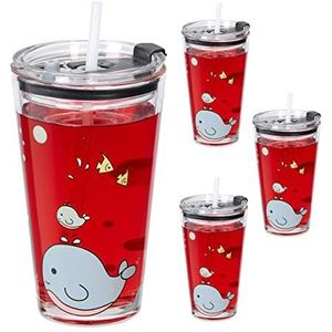 Relaxdays drinkglazen - set van 4 - walvis design - kinderglazen - rietje - transparant