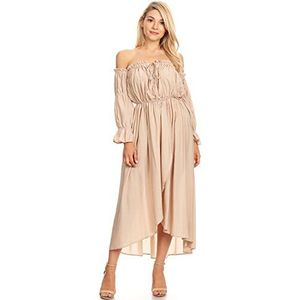 ANNA-KACI Vintage maxi-jurk voor dames, boho, schoudervrij, lange mouwen, versierd, renaissance, beige, S
