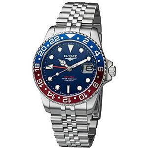 Elysee Herenhorloge GMT PRO 40 mm roestvrij staal 20 ATM saffierglas heren tweede tijdzone, geschroefde kroon, lichtgevende wijzers, datumweergave, zilver-blauw-rood, armband