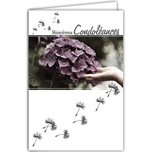 64-1038 Oprechte condoleancekaart met witte envelop ��– zilver glanzend bloem hortensia – hedendaagse afbeelding rouw dood – formaat gesloten 11,5 x 17 cm – gemaakt in Frankrijk