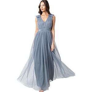 Maya Deluxe Maxi-jurk voor dames, met ruches, schouderdetail, bruidsmeisje, stoffig blauw, 6