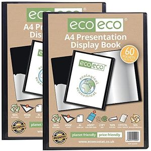 eco-eco A4 formaat 50% gerecycleerd 60 pocket zwart presentatie display boek, opbergdoos portfolio kunst map met plastic mouwen, pack van 2), eco020x2