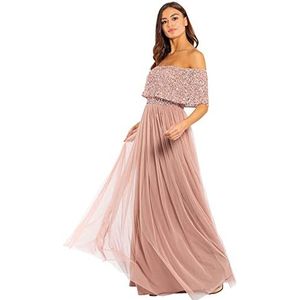 Maya Deluxe Dames Bardot Jurk voor Vrouwen Maxi Verfraaid Hight Empire Taille Mouwloze Tule Voor Bruiloft Gast Prom Graduation, Mauve, 38