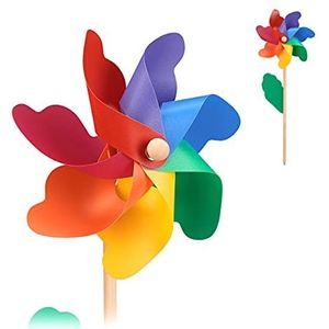 Relaxdays windmolen, set van 2, regenboog, bloem, voor kinderen, volwassenen, tuindecoratie, balkon, hout/PP, kleurrijk