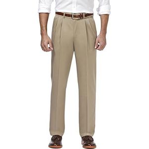 Haggar Men's Premium No Iron Classic Fit Expandable Waist Pleat Pant, Khaki, 44Wx29L