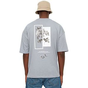 Trendyol Heren grijze mannen oversized ronde kraag bedrukt korte mouwen T-shirt, grijs, medium
