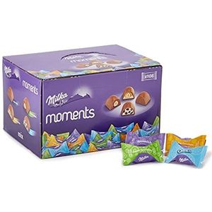 Milka Moments Assortiment van afzonderlijke bonbons, mix van 4 smaken: Chocolade met Alpenmelk, Hele Hazelnoot, Oreo en Toffee Notenboom, Doos met Mini Chocolade, 1 kg, 108 Stuk