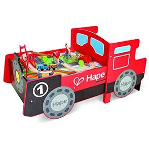Hape Hape Tafeltrein, locomotief met trein, hout en speelbord + accessoires voor de bouw en verschillende houten banen, educatief spel voor kinderen vanaf 3 jaar, compatibel met traditionele merken