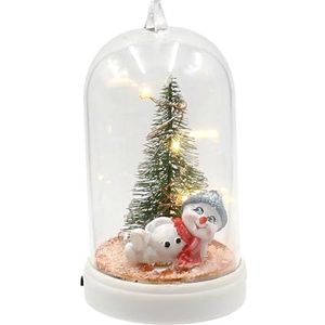 Dekohelden24 Boomophanger-bel met sneeuwpop en verlichte dennenboom, sneeuwkind met muts en sjaal in grijs en rood, L/B/H 6 x 6 x 11 cm, 11 cm