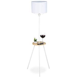 Relaxdays vloerlamp met tafel, HBD: 158 x 52 x 52 cm, E27, Scandinavisch design, hout & metaal, driepoots lamp, wit