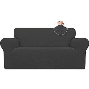Easy-Going Stretch sofahoes, 1-delige bankhoes, meubelbeschermer, bank, zacht met elastische onderkant, antislip, schuim, kinderen, elastaan, jacquardstof, kleine ruitjes (loveseat, donkergrijs)