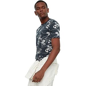 Trendyol Heren Navy Blue Slim Fit ronde kraag korte mouwen print T-shirt, navy, M
