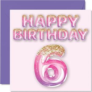 6e verjaardagskaart voor meisjes - roze & paarse glitterballonnen - gelukkige verjaardagskaarten voor 6 jaar oud meisje dochter zus kleindochter neef, 145mm x 145mm zesde verjaardag wenskaarten cadeau