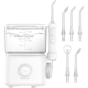 Sawgmore Monddouche, elektrische interdentale reiniger met 10 instelbare drukniveaus, 600 ml inhoud, orale irrigator met 5 multifunctionele sproeipunten voor thuis (wit)