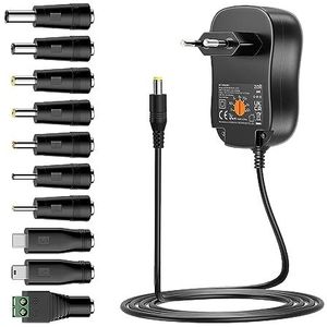 Zolt 30 W universele netadapter AC naar DC 3 V 4,5 V 5 V 6 V 7,5 V 9 V 12 V voeding, meerspanningsadapter met USB-poort 5 V, 2 A en 10 DC-stekkers voor huishoudelijke elektronica, 2000 mA max.