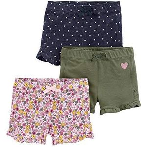 Simple Joys by Carter's Set van 3 gebreide shorts voor babymeisjes, Denim Stippen/Olijf Hartjes/Roze Bloemen, 12 Maanden