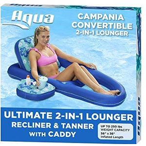 Aqua Campania Ultimate 2-in-1 Zwembad Float Lounge – Extra Large – Opblaasbare zwembaddrijvers voor volwassenen met verstelbare rugleuning & bekerhouder Caddy – Teal Hibiscus