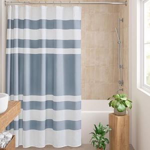 Madison Park Douchegordijn, wafelweefsel, gestreept, stoffen douchegordijnen voor badkamer, met 3M Scotchgard-vochtregulatie, premium spa-kwaliteit, moderne standaard, 183 x 183 cm, blauw
