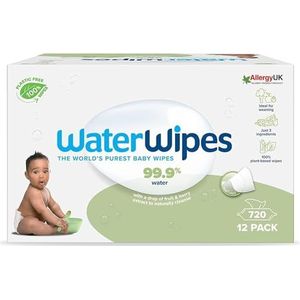 WaterWipes - Plasticvrije, getextureerde vochtige doekjes voor baby's 720 stuks (12 verpakkingen), samengesteld met 99,9% water en zonder parfum, ideaal voor de gevoelige huid