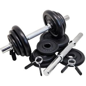 G5 HT SPORT Halterset + halterschijven van gietijzer, diameter 25 mm, 11,21,35 kg, verstelbare gewichten met schroeven en veersluitingen, set voor training thuis en in de sportschool, fitness en