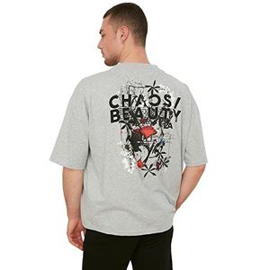 Trendyol Heren grijze mannen oversized pasvorm ronde kraag korte mouwen print T-shirt grijs medium