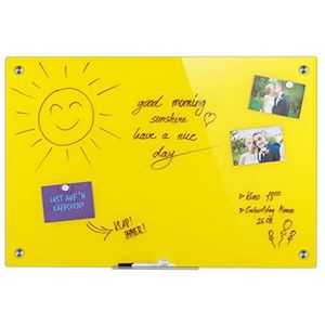 Relaxdays glassboard, beschrijfbaar, magneten, marker, houder, voor kantoor en keuken, magneetbord glas, 60x90cm, geel