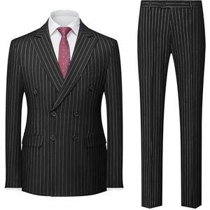 MOGU Herenpak met dubbele rij knopen met krijtstrepen, smalle pasvorm, smoking, formele jas en broek voor business, bruiloft, eindexamenbal, zwart, XXL