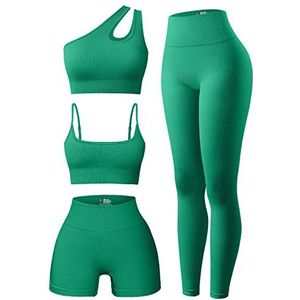 OQQ Yoga-rompertjes voor dames, geribbeld eendelig buikcontrole, jumpsuit, één schouder, romper, Groen1, S
