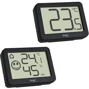 TFA Dostmann 1 x mini-thermometer & 1 x thermo-hygrometer set, 95.2020.01, luchtvochtigheidsmeter met nauwkeurige kamerthermometer, met smiley-display, ideaal voor thuis, kantoor, slaapkamer, zwart