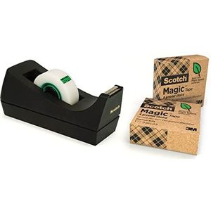 Scotch Magic Tape Dispenser - 1 C38 Scotch Dispenser met 3 rollen Scotch Magic Tape - Houdt tape tot 19 mm x 33 m - Hervulbare kleverige tape dispenser voor school, thuis en op kantoor - zwart