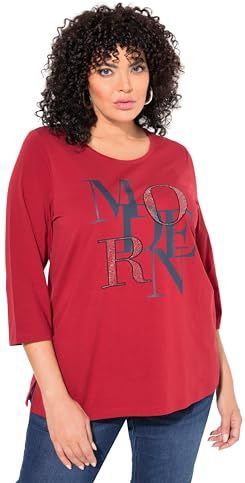 Ulla Popken - Shirt - Blauw / Robijnrood - T-shirt - Driekwart Mouw