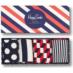Happy Socks Stripe Gift Box, kleurrijke en leuke, Sokken voor Dames en Heren, Blauw-Rood-Wit 4 paar (36-40)