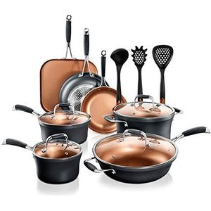 Kitchenware Pots & Pans Set - Luxury Kitchen Cookware, 3 Layers Copper Non-Stick Coating Inside, Hard-Anodized Looking Heat Resistant Lacquer Outside (14-Piece Set)