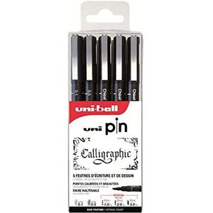 Uni Pin – Uni-Ball – Uni Mitsubishi Pencil – 5 viltstiften speciaal voor kalligrafie – gekalibreerde en afgeschuinde punten – voor kalligrafie, tekenen, plotter, inkt