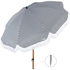 AKTIVE Strandparasol, maritiem design met franjes, 200 cm, retrostijl, aluminium mast, kantelbaar en in hoogte verstelbaar, polyesterweefsel, UV30-bescherming, grote parasols (62340), Blauw en wit.