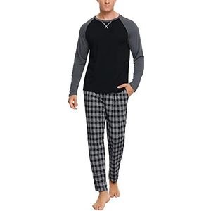 Litherday Pyjama voor heren, katoen, pyjamaset, herfst en winter, lange mouwen, geruite top en broek, C, zwart, XXL-2, Zwart, XXL