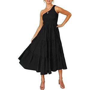 ZESICA Women's 2025 Bohemian Summer Floral Print One Shoulder Sleeveless Smocked Ruffle Tiered Beach Long Midi Dress,Black,Large