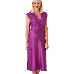 Marlon Dames Julia Zijdeachtige Satijn & Bloemen Kant Lange Nachtjapon, Fuchsia, 48-50