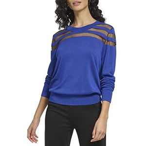 DKNY Dames Crewneck Sheer Mesh Yoke Stripe Sweater, Deep Cobalt Blue, M, Diep Kobalt Blauw, M