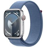 Apple Watch Series 9 (GPS + Cellular 45 mm) Smartwatch - Kast van zilver aluminium - Winterblauw geweven sportbandje. Conditie bijhouden, Saturatie-app en Ecg-app, CO₂- neutraal