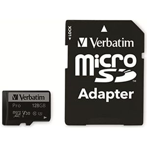 Verbatim Pro U3 Micro SDXC geheugenkaart met adapter, 128 GB, gegevensopslag voor 4K Ultra HD video-opnames, micro SD-kaart in zwart, ideaal voor action-cams, camcorders, smartphones en tablets