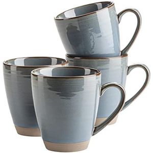 MÄSER Serie Nottingham, set van 4 koffiemokken met filigraan lijnspel en edele glazuur, grote koffiekopjes van keramiek in moderne vintage look, steengoed, grijs-blauw