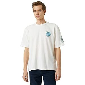 Koton Oversized T-shirt voor heren, met opdruk van Far East Back met ronde hals en korte mouwen, wit (000), L