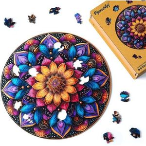 Figured'Art Houten puzzel voor volwassenen en kinderen, 200 stukjes, kleurrijke mandala, origineel design, 28,5 x 28,5 cm, unieke vorm met premium houten doos, perfect om cadeau te geven