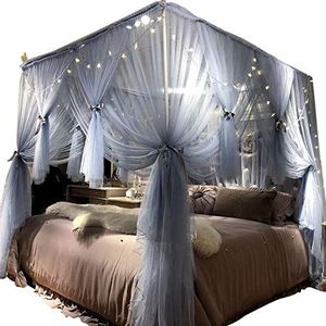 Joyreap 4 Hoeken Post Luifel Bed Gordijn voor Meisjes & Volwassenen - Koninklijke Luxe Gezellig Gordijn Netting - Leuke Prinses Slaapkamer Decoratie Accessoires (Grijs-Blauw, 119,4 cm B x 198 cm L,